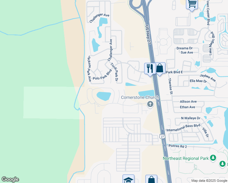 map of restaurants, bars, coffee shops, grocery stores, and more near 2326 Fan Palm Drive in Davenport