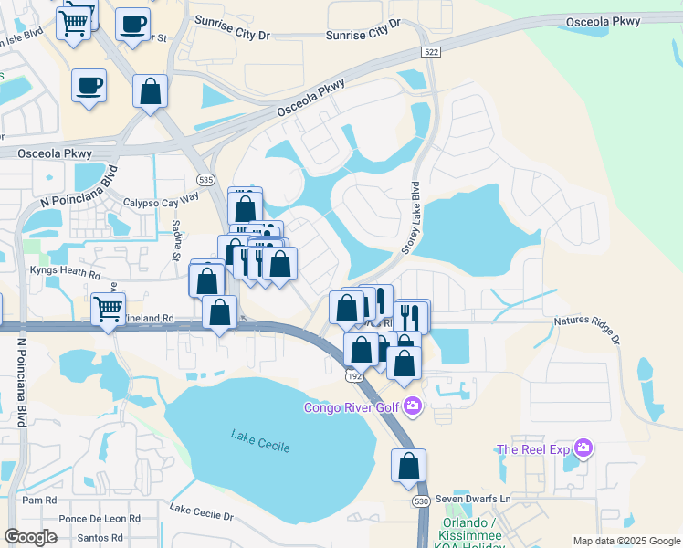 map of restaurants, bars, coffee shops, grocery stores, and more near 2911 Fable Street in Kissimmee