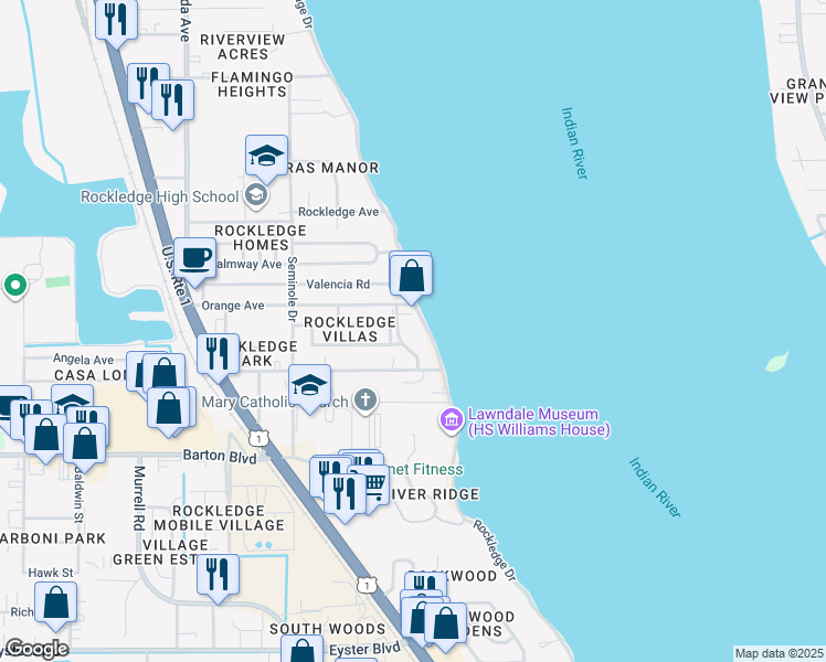 map of restaurants, bars, coffee shops, grocery stores, and more near 1025 Rockledge Drive in Rockledge