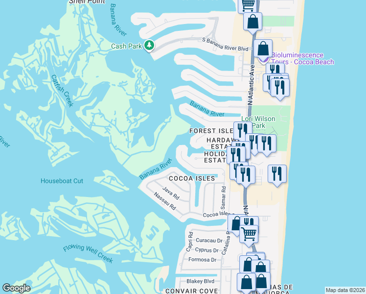 map of restaurants, bars, coffee shops, grocery stores, and more near 1214 Samar Road in Cocoa Beach