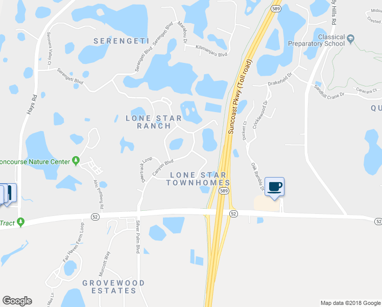 map of restaurants, bars, coffee shops, grocery stores, and more near 12232 Canyon Boulevard in Spring Hill