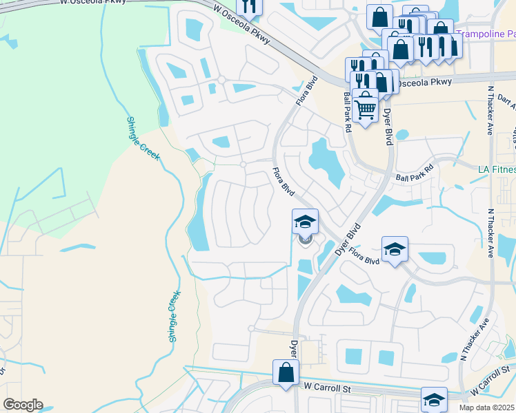 map of restaurants, bars, coffee shops, grocery stores, and more near 2914 Willow Creek Lane in Kissimmee