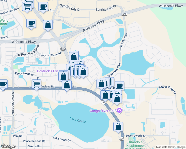 map of restaurants, bars, coffee shops, grocery stores, and more near 4824 Dedication Street in Kissimmee
