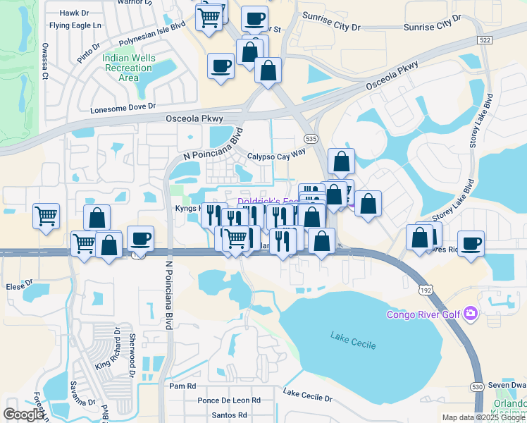 map of restaurants, bars, coffee shops, grocery stores, and more near 5001 Kyngs Heath Road in Kissimmee