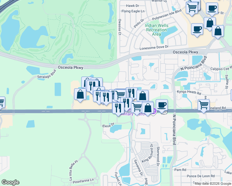 map of restaurants, bars, coffee shops, grocery stores, and more near 5350 Diplomat Court in Kissimmee
