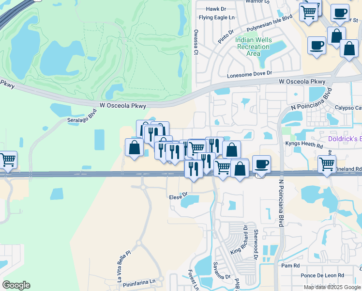 map of restaurants, bars, coffee shops, grocery stores, and more near 5350 Diplomat Court in Kissimmee
