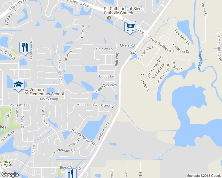 map of restaurants, bars, coffee shops, grocery stores, and more near 2928 Clarabelle Court in Kissimmee