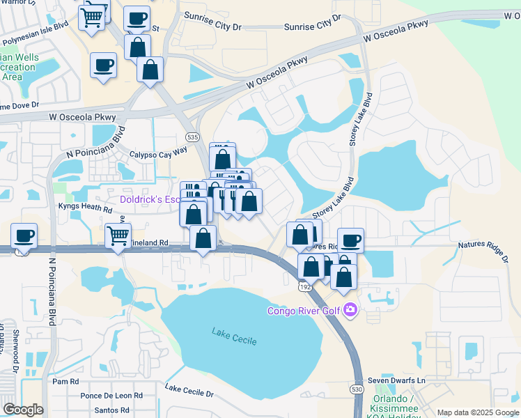 map of restaurants, bars, coffee shops, grocery stores, and more near 5015 Windermere Avenue in Kissimmee