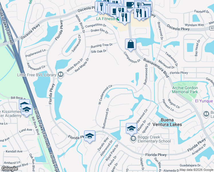 map of restaurants, bars, coffee shops, grocery stores, and more near 110 West Cedarwood Circle in Kissimmee