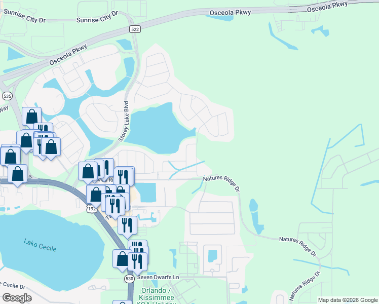 map of restaurants, bars, coffee shops, grocery stores, and more near 2920 Wordsmith Road in Kissimmee