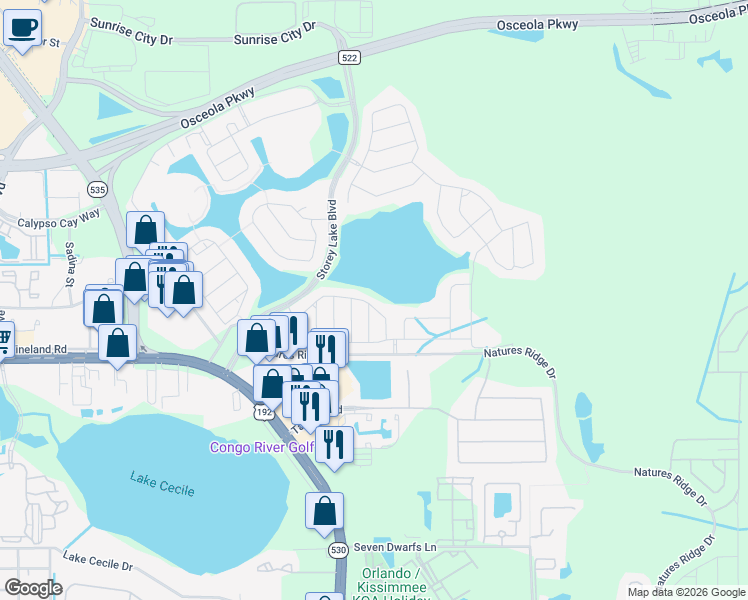 map of restaurants, bars, coffee shops, grocery stores, and more near 4872 Tribute Trail in Kissimmee