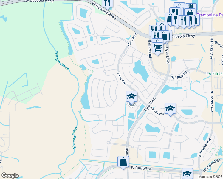 map of restaurants, bars, coffee shops, grocery stores, and more near 2914 Willow Creek Lane in Kissimmee