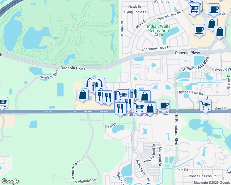 map of restaurants, bars, coffee shops, grocery stores, and more near 5350 Diplomat Court in Kissimmee