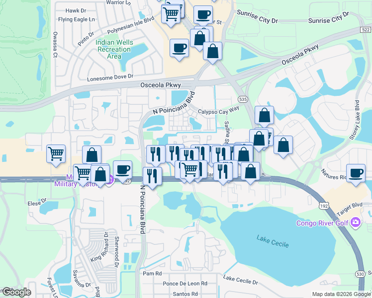 map of restaurants, bars, coffee shops, grocery stores, and more near 3033 Universal Studios Court in Kissimmee