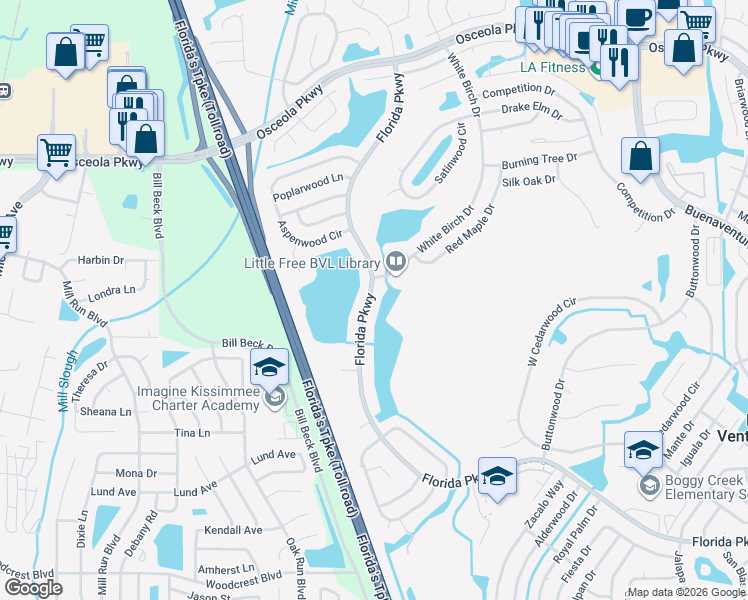 map of restaurants, bars, coffee shops, grocery stores, and more near 958 Florida Parkway in Kissimmee