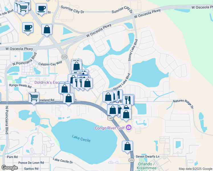 map of restaurants, bars, coffee shops, grocery stores, and more near 2911 Fable Street in Kissimmee