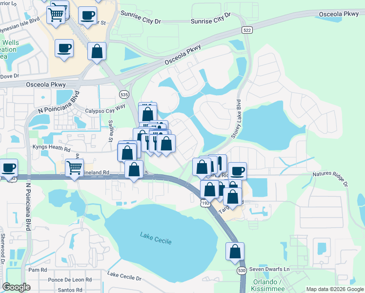 map of restaurants, bars, coffee shops, grocery stores, and more near 4824 Dedication Street in Kissimmee