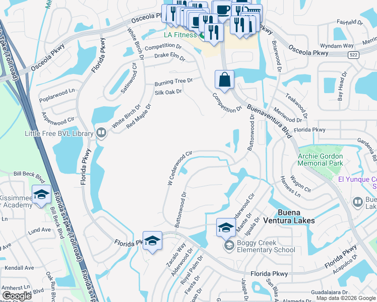 map of restaurants, bars, coffee shops, grocery stores, and more near 110 West Cedarwood Circle in Kissimmee