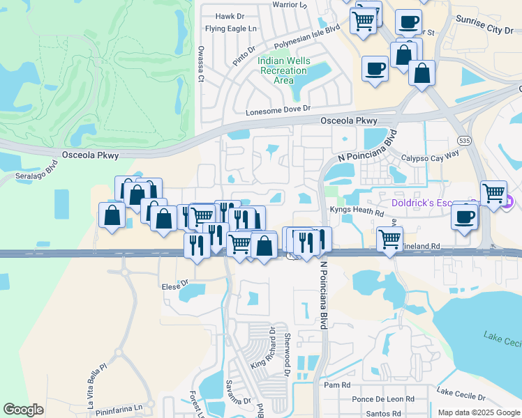 map of restaurants, bars, coffee shops, grocery stores, and more near 5308 Paradise Cay Circle in Kissimmee