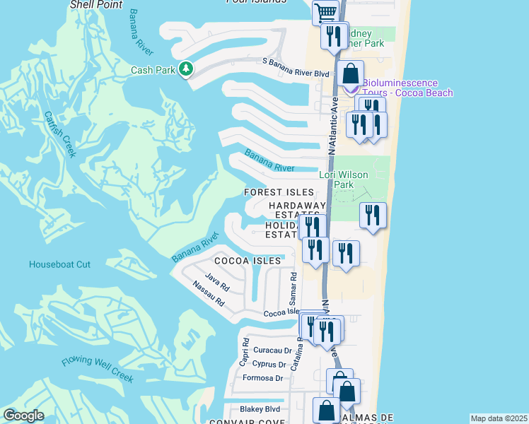 map of restaurants, bars, coffee shops, grocery stores, and more near 159 Esther Drive in Cocoa Beach
