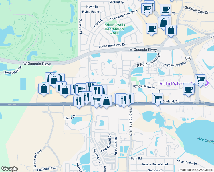 map of restaurants, bars, coffee shops, grocery stores, and more near 5308 Paradise Cay Circle in Kissimmee