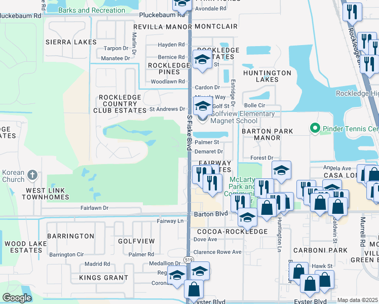 map of restaurants, bars, coffee shops, grocery stores, and more near 1550 South Fiske Boulevard in Rockledge