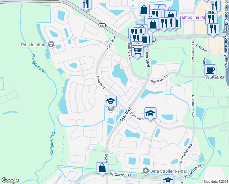 map of restaurants, bars, coffee shops, grocery stores, and more near 3034 Ashland Lane South in Kissimmee