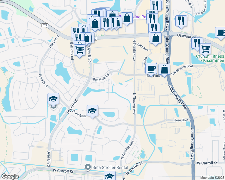 map of restaurants, bars, coffee shops, grocery stores, and more near 2970 Sandhill Ridge Court in Kissimmee