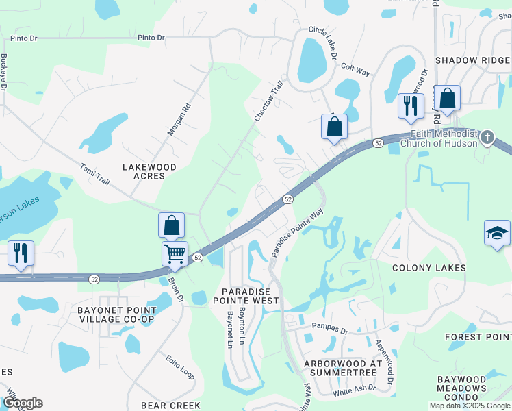 map of restaurants, bars, coffee shops, grocery stores, and more near 11315 State Road 52 in Hudson