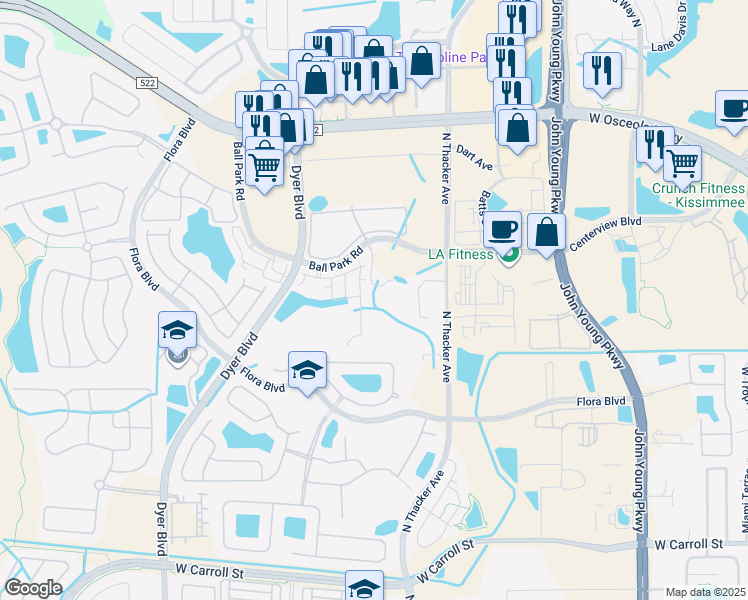 map of restaurants, bars, coffee shops, grocery stores, and more near 2970 Sandhill Ridge Court in Kissimmee