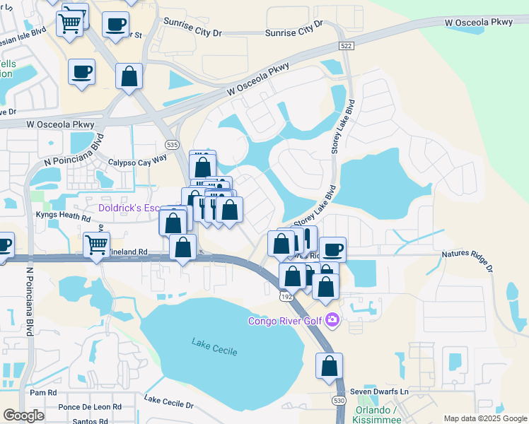 map of restaurants, bars, coffee shops, grocery stores, and more near 4824 Dedication Street in Kissimmee