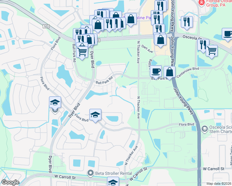 map of restaurants, bars, coffee shops, grocery stores, and more near 2970 Sandhill Ridge Court in Kissimmee