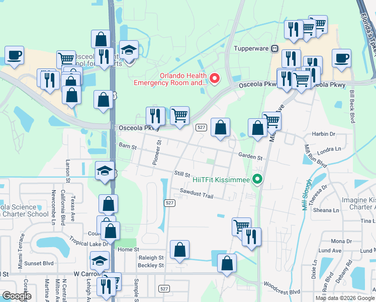 map of restaurants, bars, coffee shops, grocery stores, and more near 2949 Old Dixie Highway in Kissimmee