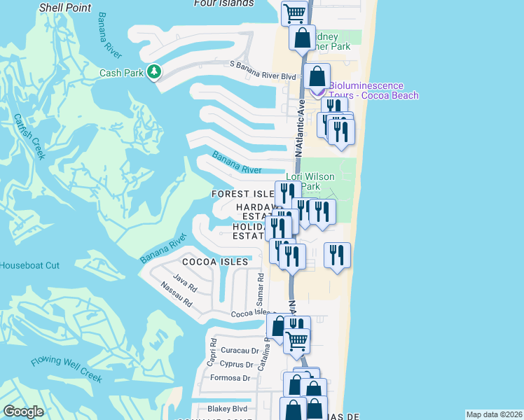 map of restaurants, bars, coffee shops, grocery stores, and more near 131 Esther Drive in Cocoa Beach