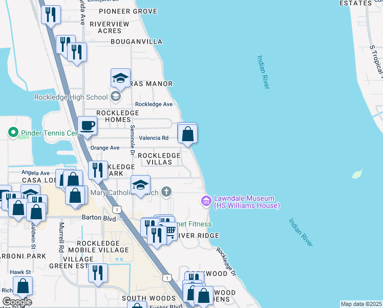 map of restaurants, bars, coffee shops, grocery stores, and more near 1025 Rockledge Drive in Rockledge