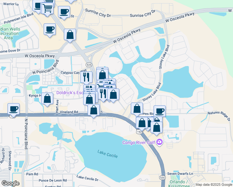 map of restaurants, bars, coffee shops, grocery stores, and more near 5015 Windermere Avenue in Kissimmee
