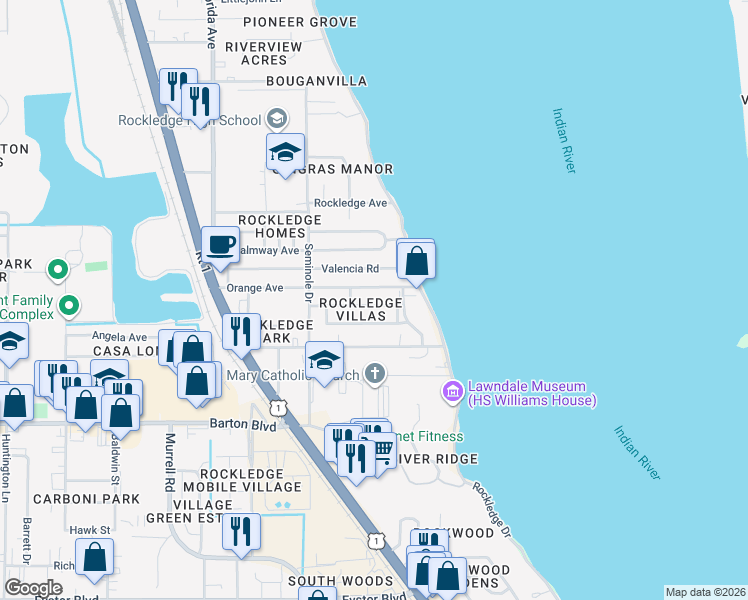 map of restaurants, bars, coffee shops, grocery stores, and more near 20 Burlington Avenue in Rockledge