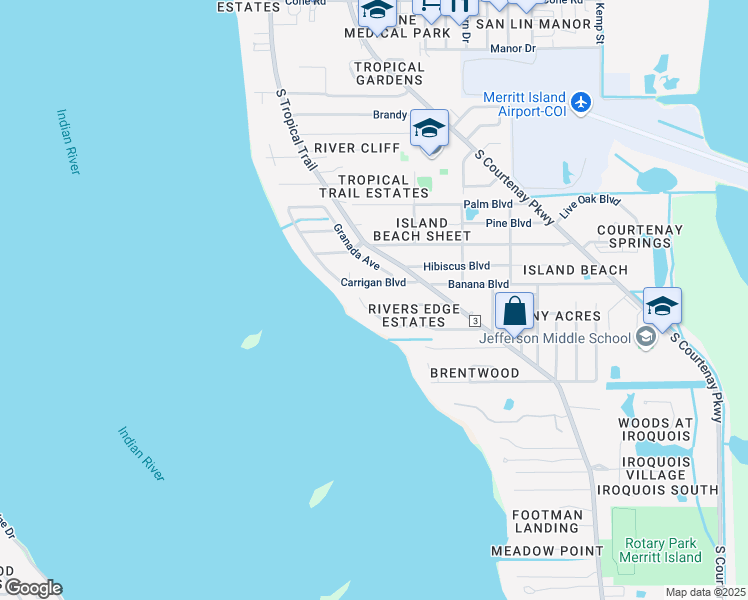 map of restaurants, bars, coffee shops, grocery stores, and more near 125 Marlin Drive in Merritt Island