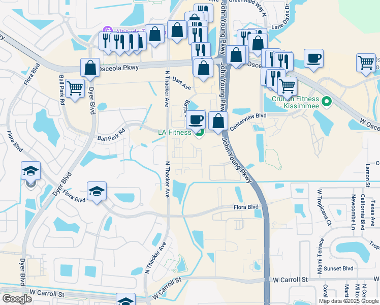 map of restaurants, bars, coffee shops, grocery stores, and more near 1900 Ball Park Road in Kissimmee