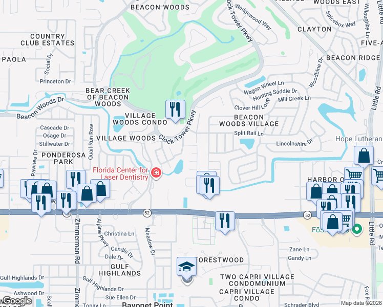 map of restaurants, bars, coffee shops, grocery stores, and more near 8098 Hunters Whip Row in Bayonet Point