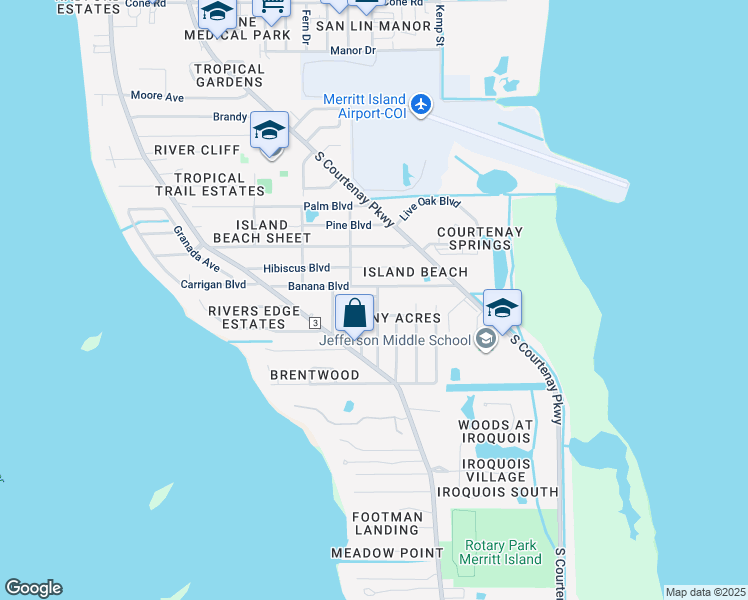 map of restaurants, bars, coffee shops, grocery stores, and more near 1233 Lynne Drive in Merritt Island