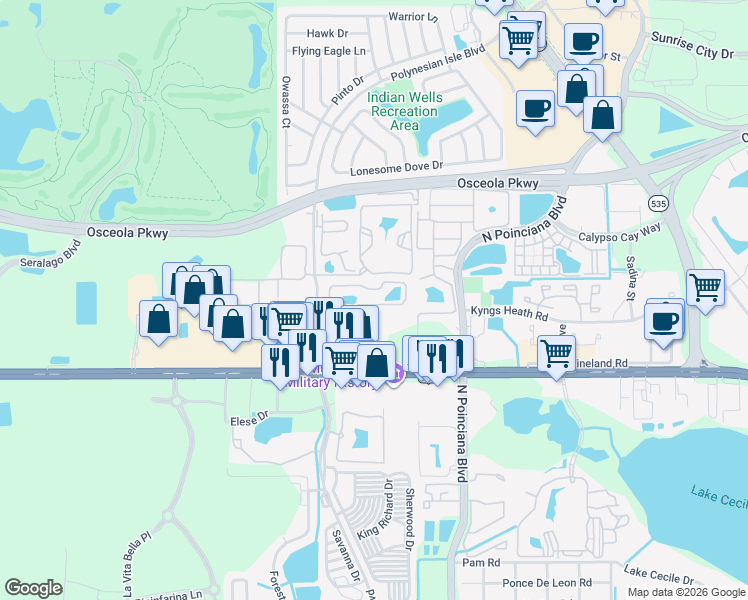map of restaurants, bars, coffee shops, grocery stores, and more near 5306 Paradise Cay Circle in Kissimmee
