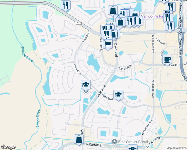 map of restaurants, bars, coffee shops, grocery stores, and more near 3016 Ashland Lane North in Kissimmee