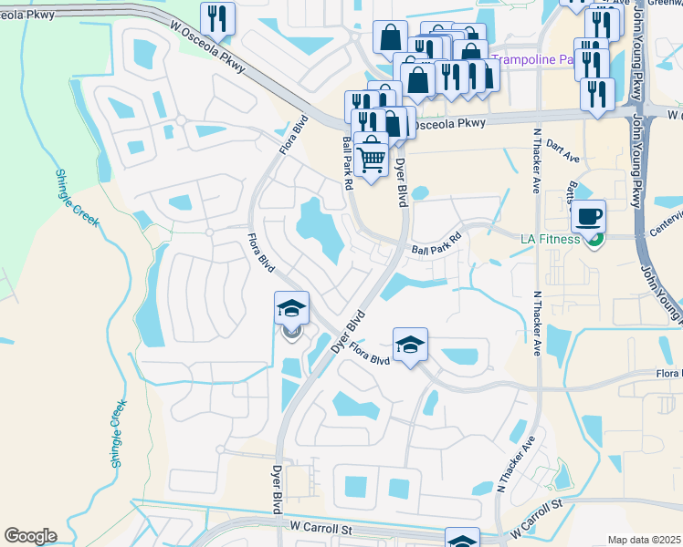 map of restaurants, bars, coffee shops, grocery stores, and more near 2911 Langdon Lane South in Kissimmee