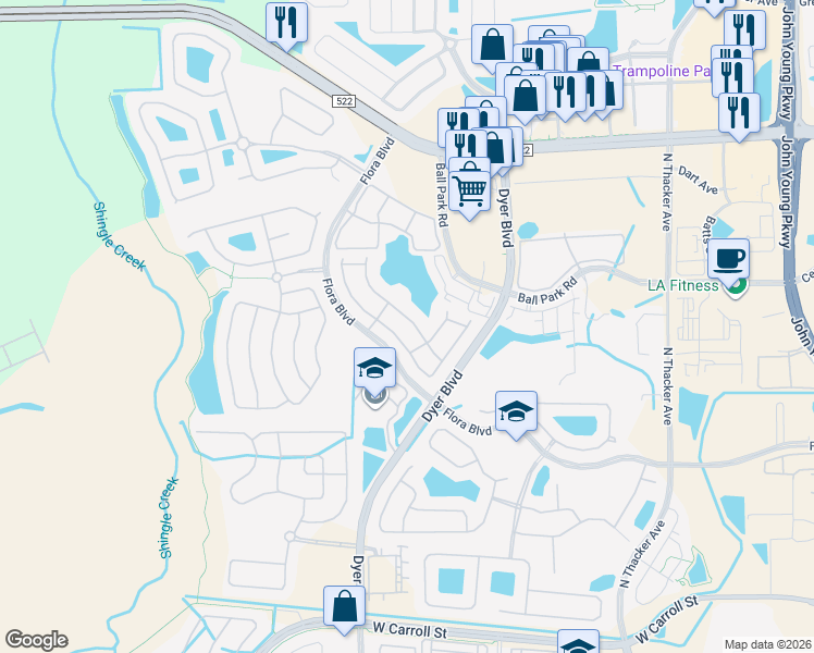 map of restaurants, bars, coffee shops, grocery stores, and more near 3016 Ashland Lane North in Kissimmee