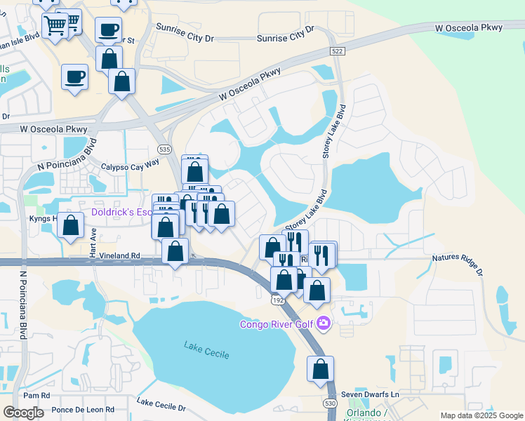 map of restaurants, bars, coffee shops, grocery stores, and more near 4824 Dedication Street in Kissimmee
