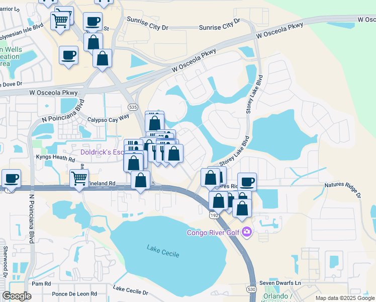map of restaurants, bars, coffee shops, grocery stores, and more near 5015 Windermere Avenue in Kissimmee