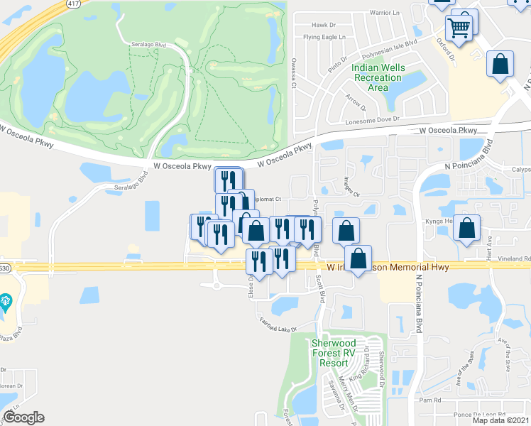 map of restaurants, bars, coffee shops, grocery stores, and more near 5405 West Irlo Bronson Memorial Highway in Kissimmee