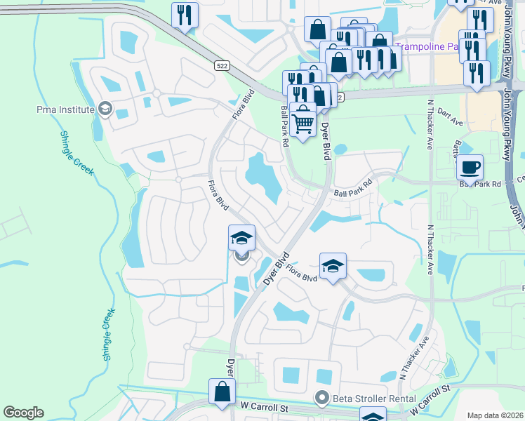 map of restaurants, bars, coffee shops, grocery stores, and more near 3016 Ashland Lane North in Kissimmee