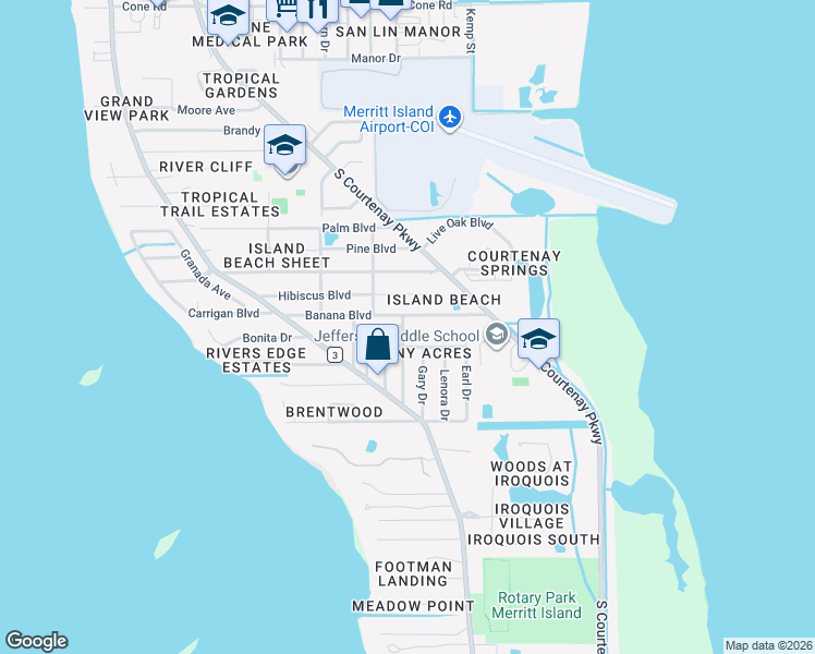 map of restaurants, bars, coffee shops, grocery stores, and more near 1277 Lynne Drive in Merritt Island